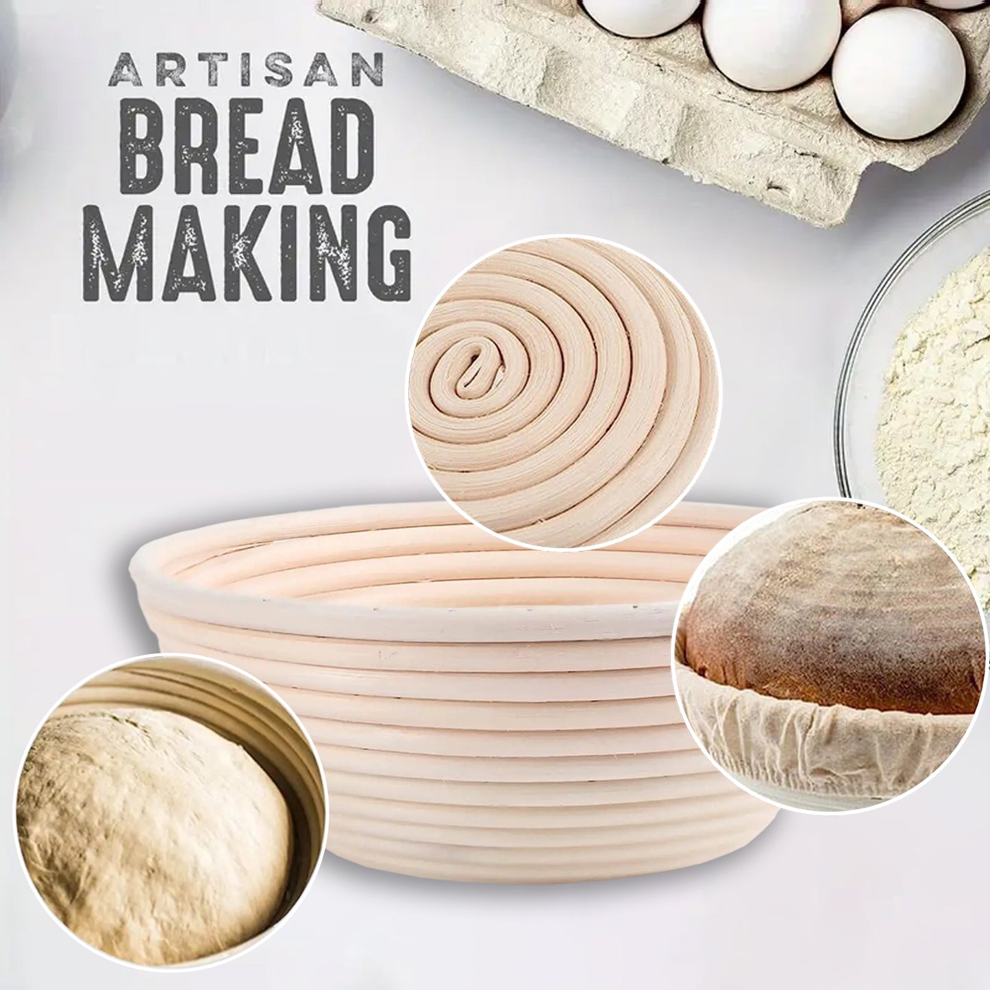 Coiled Handmade Rattan Banneton Proofing Basket Set of 2, with Cloth Liners and 2025 Leaflet Bread Baking Supplies