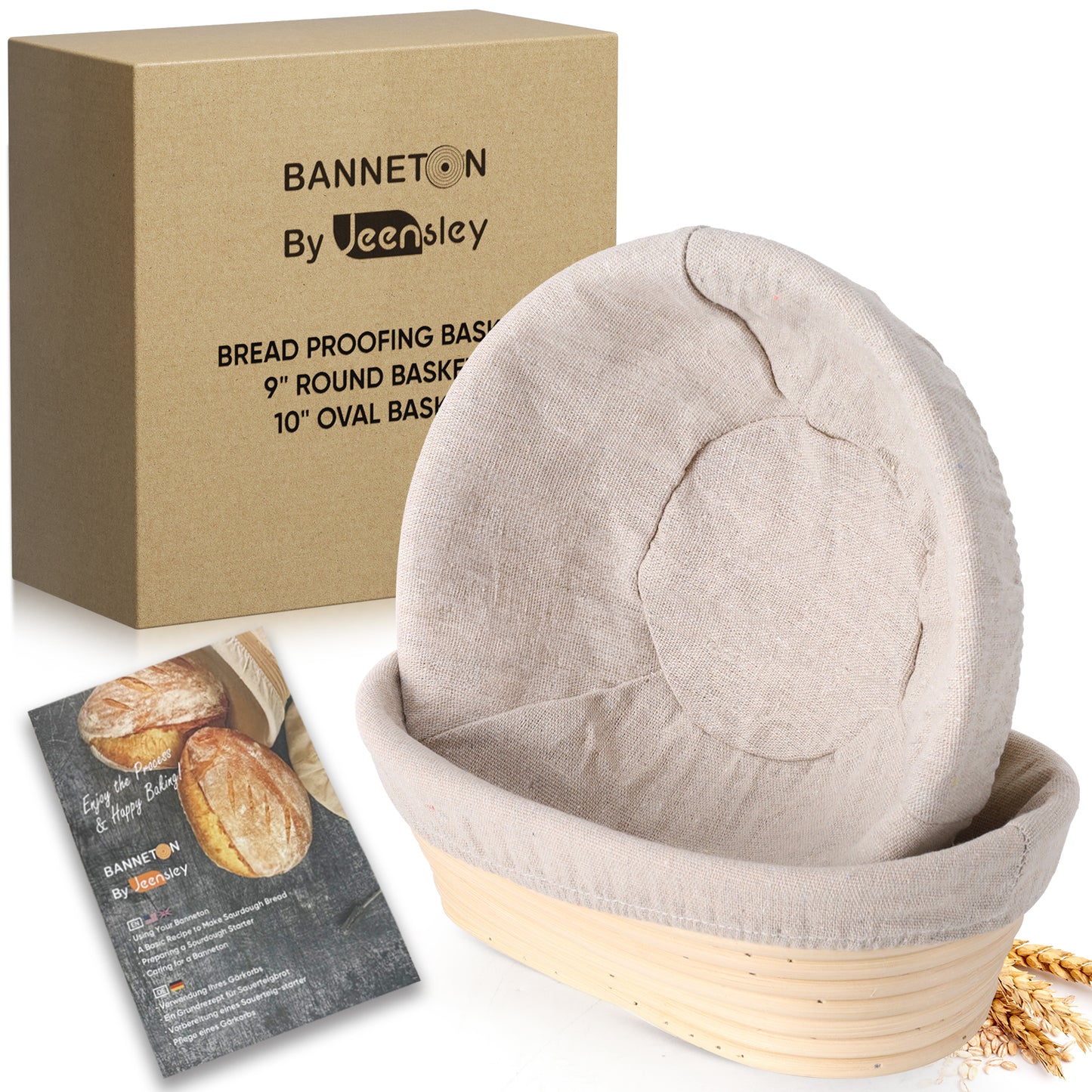 Coiled Handmade Rattan Banneton Proofing Basket Set of 2, with Cloth Liners and 2025 Leaflet Bread Baking Supplies