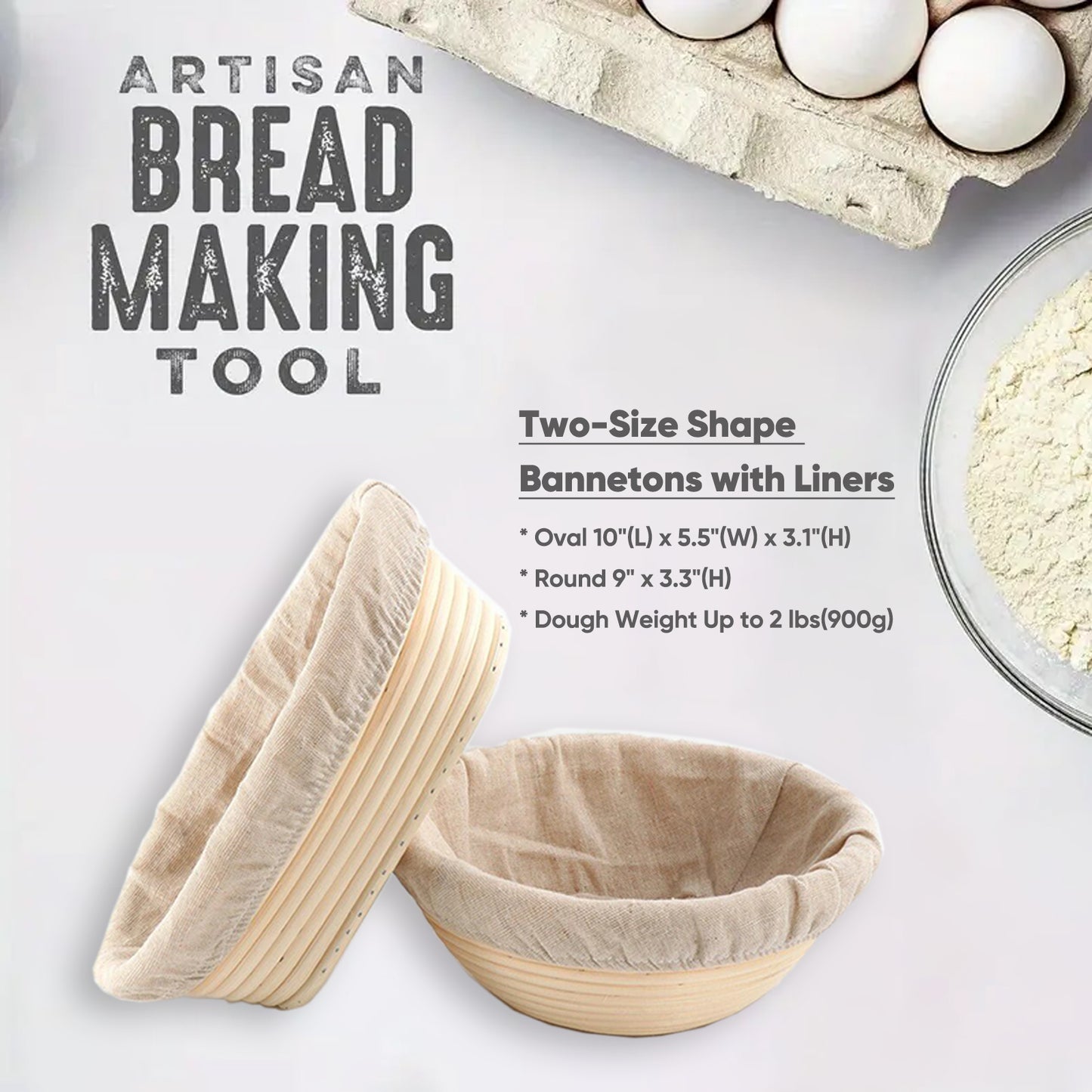 Coiled Handmade Rattan Banneton Proofing Basket Set of 2, with Cloth Liners and 2025 Leaflet Bread Baking Supplies