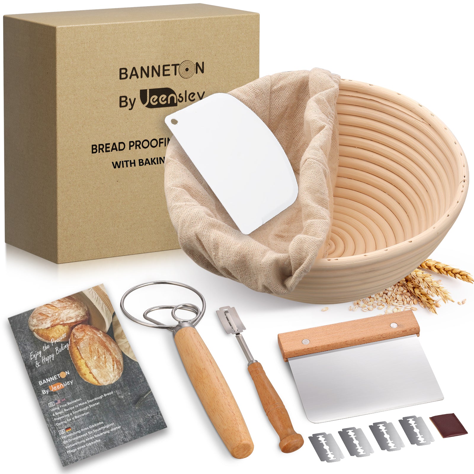 Starter Kit - Round Handmade Coiled Rattan Banneton Sourdough Bread Proofing Basket with Bread Making Tools and 2025 Brochure