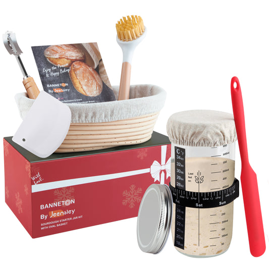 Sourdough Starter Feeding Jar Kit with Oval Proofing Basket and Bread Making Tools Bread Making Accessories